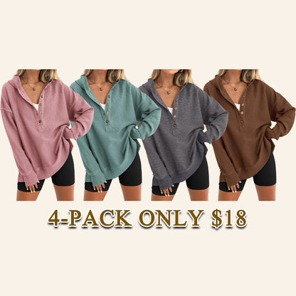 Women’s Oversized V-Neck Hoodie – Relaxed Button Pullover with Side Slits